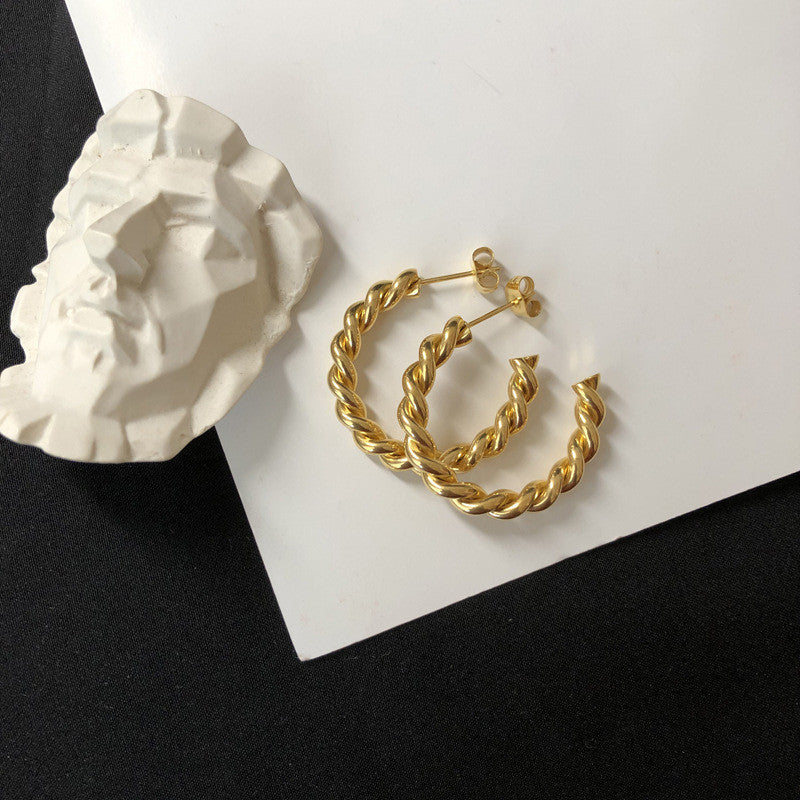 Classic Chic French Twisted 18k Gold Tarnish Free Stainless Steel Hoop Earrings