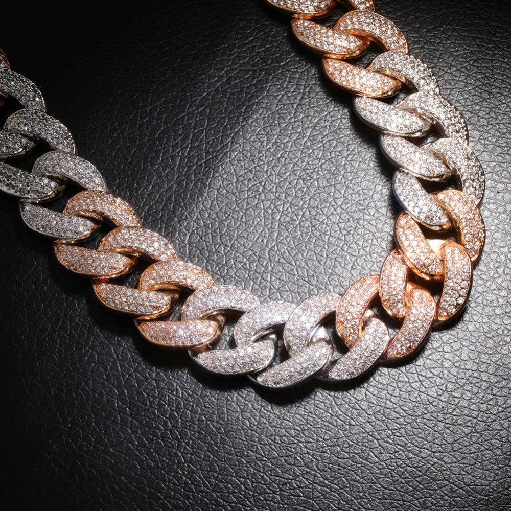 Miami Cuban Link 18MM AAA Micro Pave Hip Hop Silver Rose Gold Chain Necklace