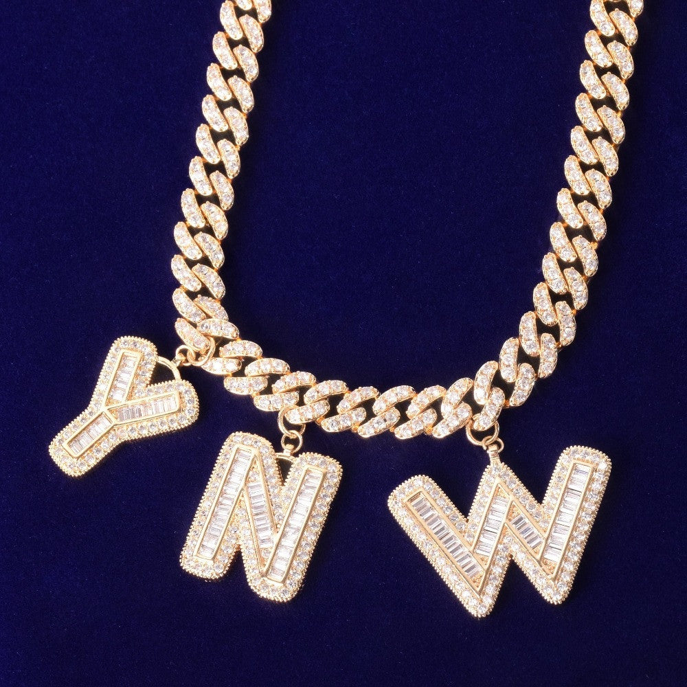 18k Gold .925 Silver Rose Gold Flooded Ice Baguette Stone 10mm Custom Letter Cuban Link Chain