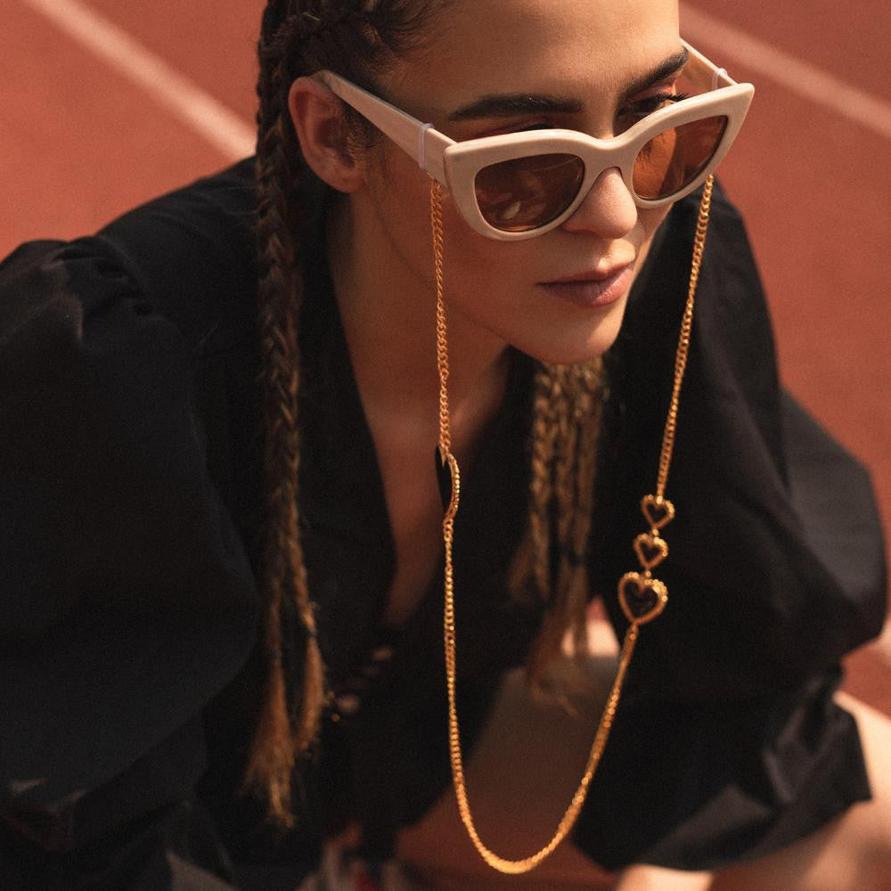 Ladies 18k Gold Plated Enamel Colorful Heart Sun Glasses Strap Chain