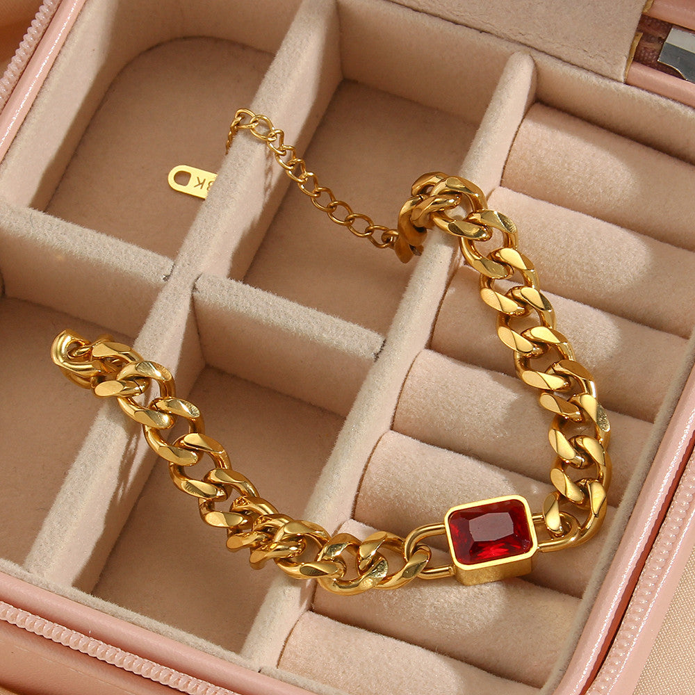 18k Gold Square Cubic Zirconia Black White Green Red Stone Hip Hop Cuban Chain Bracelet