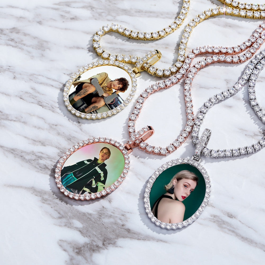 Flooded Iced Oval Custom Photo Picture Selfie Hip Hop Pendant Chain Necklace