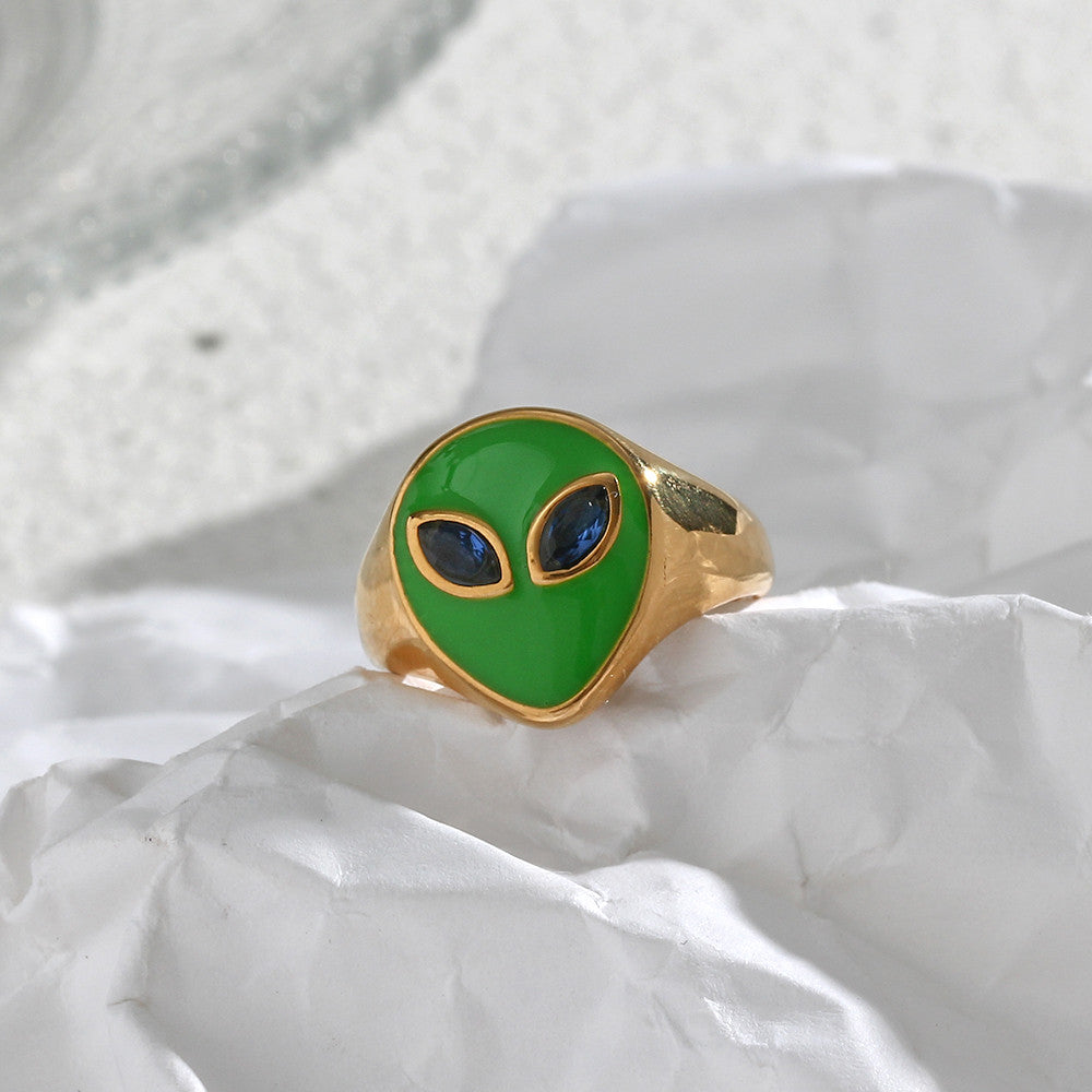 18k Gold Waterproof Tarnish Free Stainless Steel Colorful Pink Green CZ Stone Alien Rings