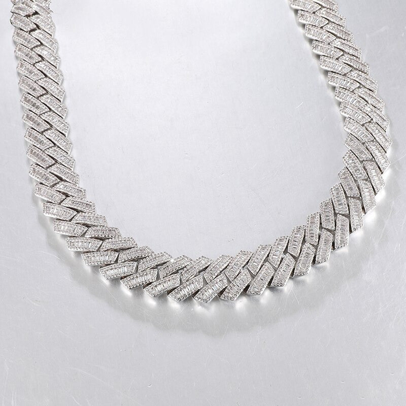 14k White Yellow Gold Hip Hop 21MM 3 Row Baguette Cuban Link Bling Chain Necklace