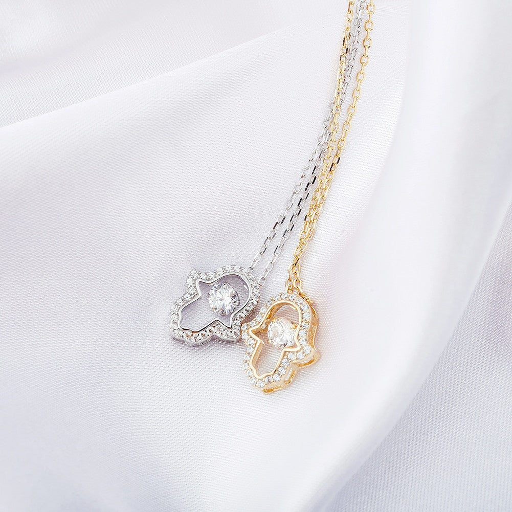 Ladies Center Stone Hamsa Hand 14k Gold Over Solid Sterling Silver Pendant Necklace