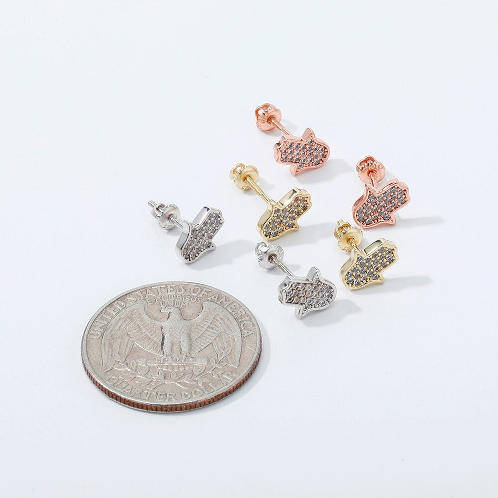 925 Solid Sterling Silver Rose Gold Hamsa Hand AAA Prong Set Stone Bling Earrings