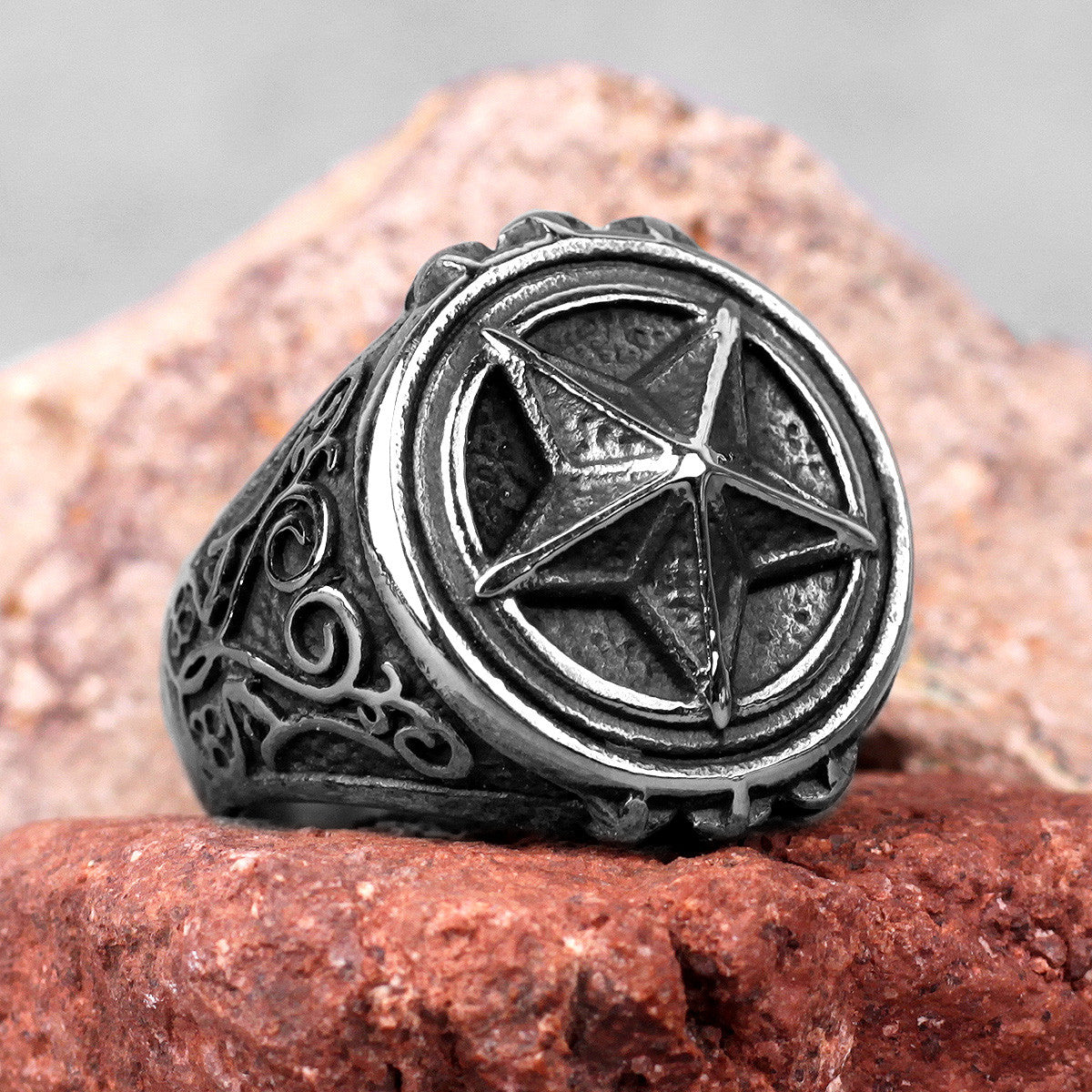 Mens 316L No Fade 3D Raised Pentagram Stainless Steel Street Wear Rings
