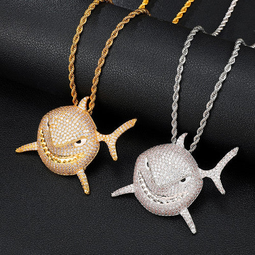 18k Gold .925 Silver 3D AAA Micro Pave Shark Head Pendant Chain Necklace