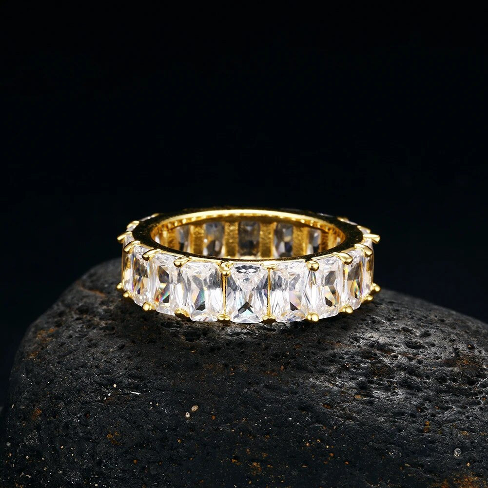 18k Gold 925 Silver 1 Row Solitaire Baguette Iced Blinged Out Mens Rings