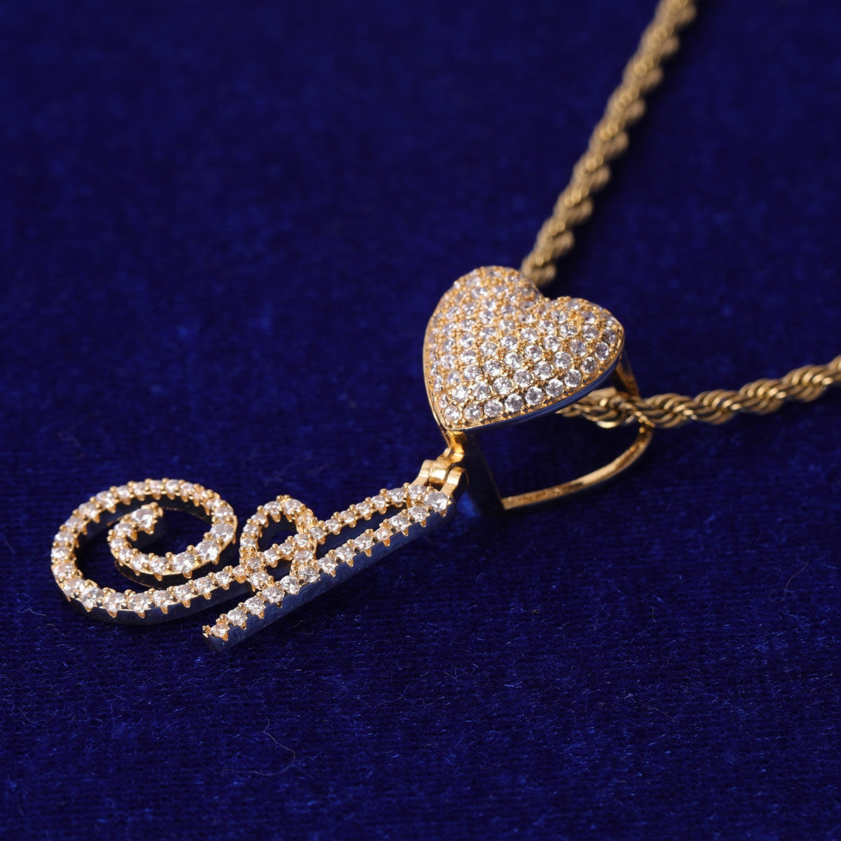 Ladies Bling Fashion Heart Custom Cursive Letter Initial Bling Necklaces