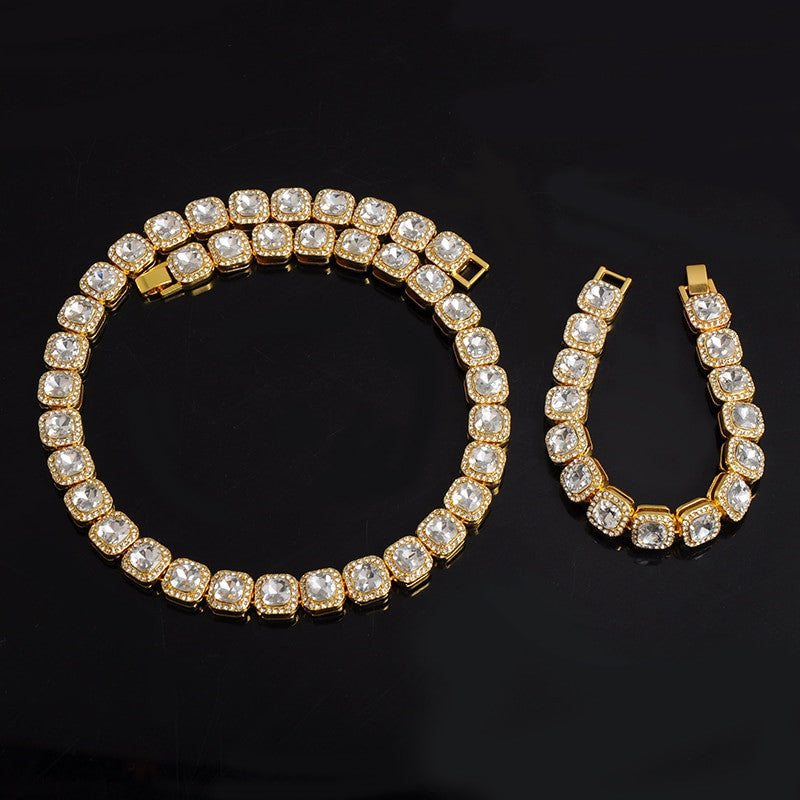 Hip Hop Big Boy 12mm Pave Prong Set AAA Center Stone Flooded Ice Chain Necklace Bracelet Set