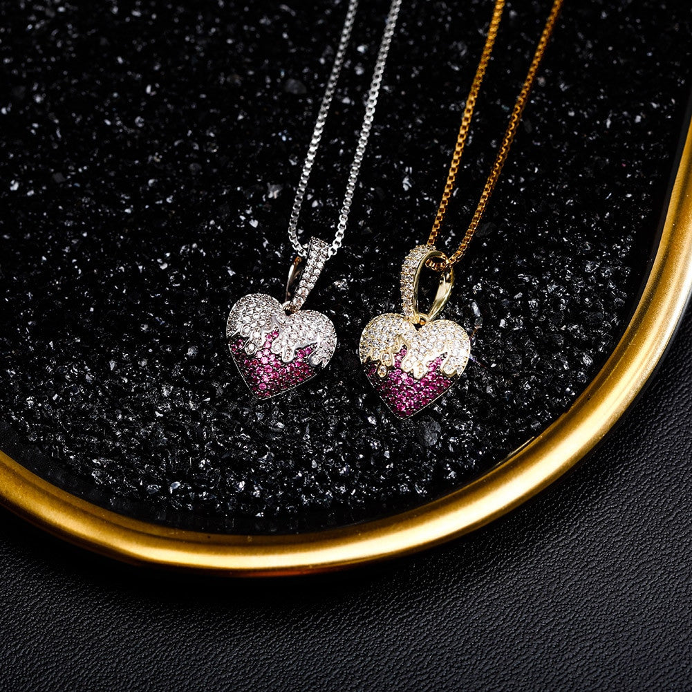 Ladies Solid 925 Sterling Silver Flaming Love Heart AAA Stone Pendant Chain Necklace