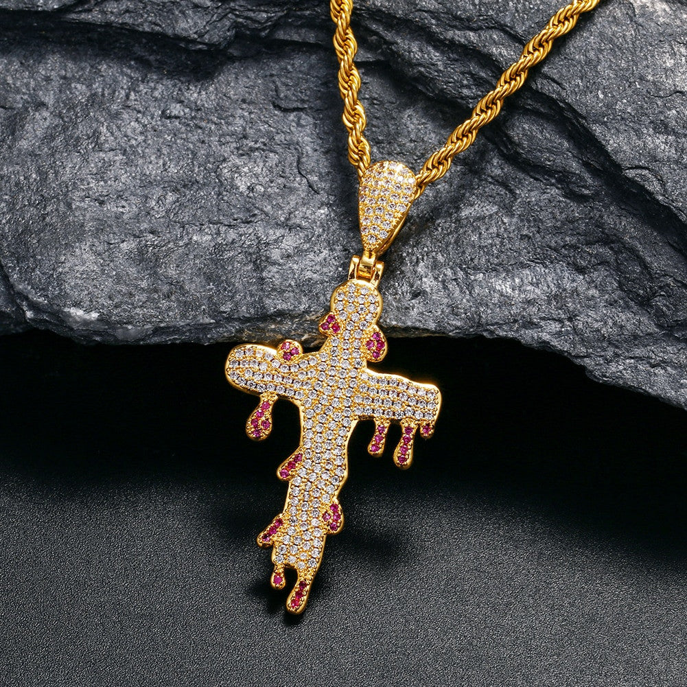 Mens Blood Dripping 18k Gold 925 Silver Hip Hop Street Wear Cross Pendant