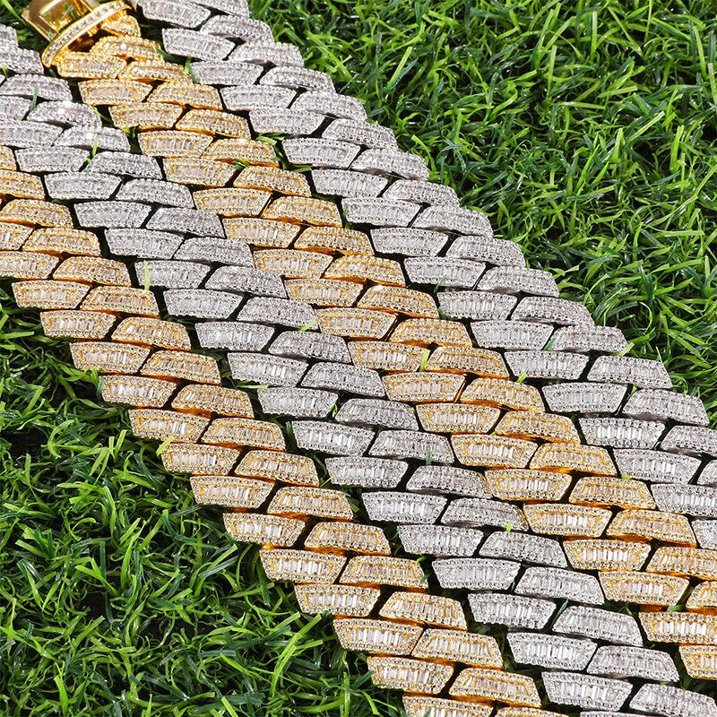 14k White Yellow Gold Hip Hop 21MM 3 Row Baguette Cuban Link Bling Chain Necklace