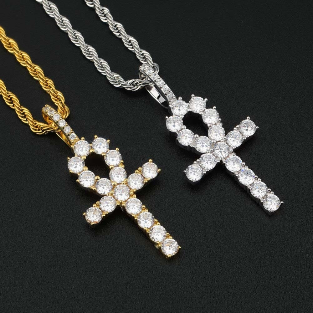 Key Of Life 925 Sterling Silver Iced Ankh Cross Egyptian Pendant Necklace
