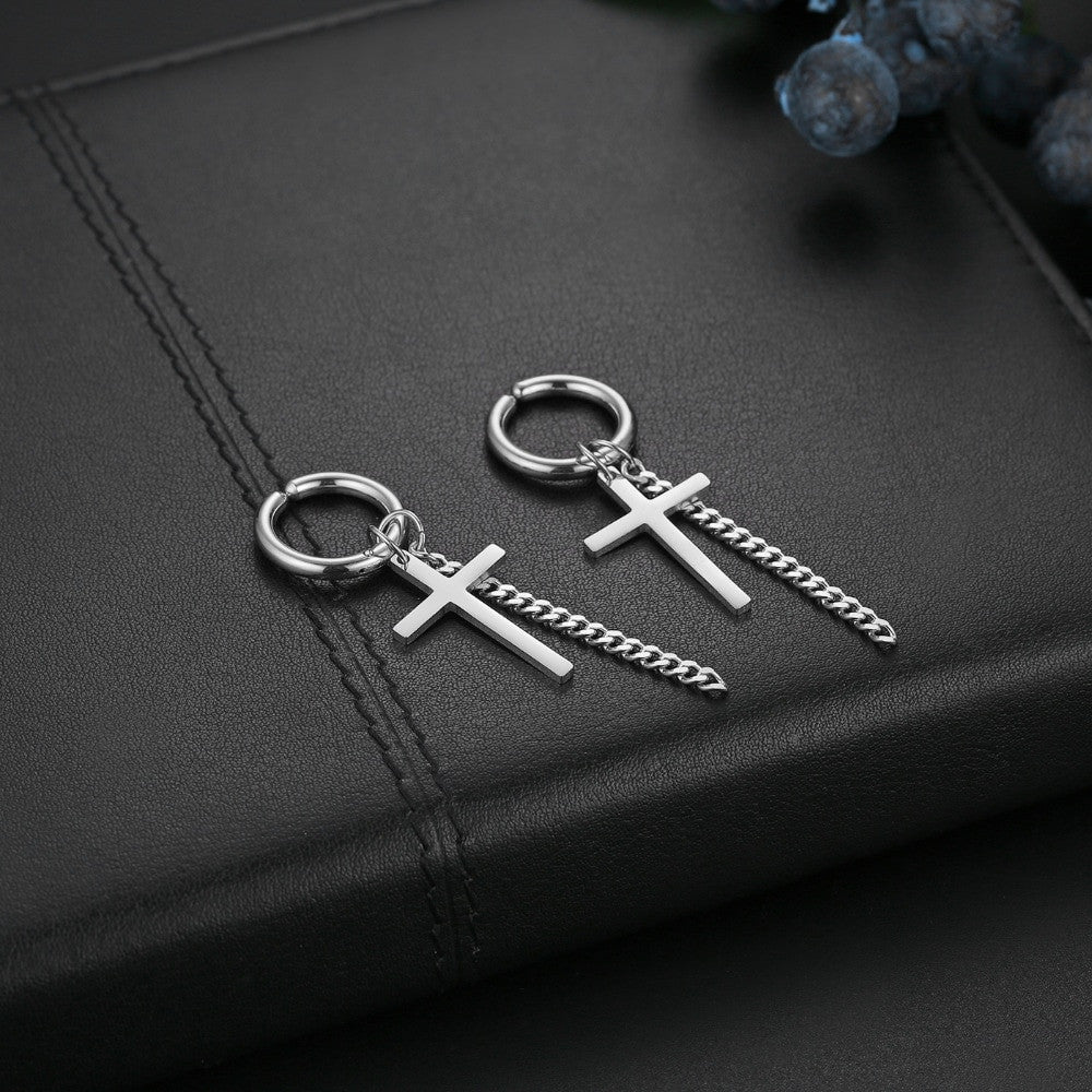 14k Gold Silver Black Cross Chain Hoop Stainless Steel Non Pierced Clamp Bling Earrings