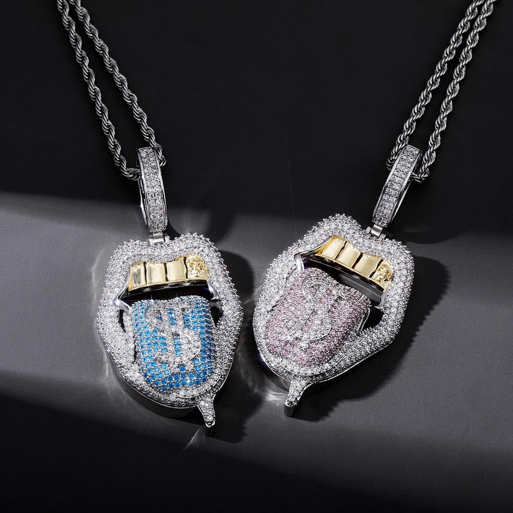 Pink Blue Cash Money Tongue Hot Girl Gold Grillz Hip Hop Pendant Chain Necklace