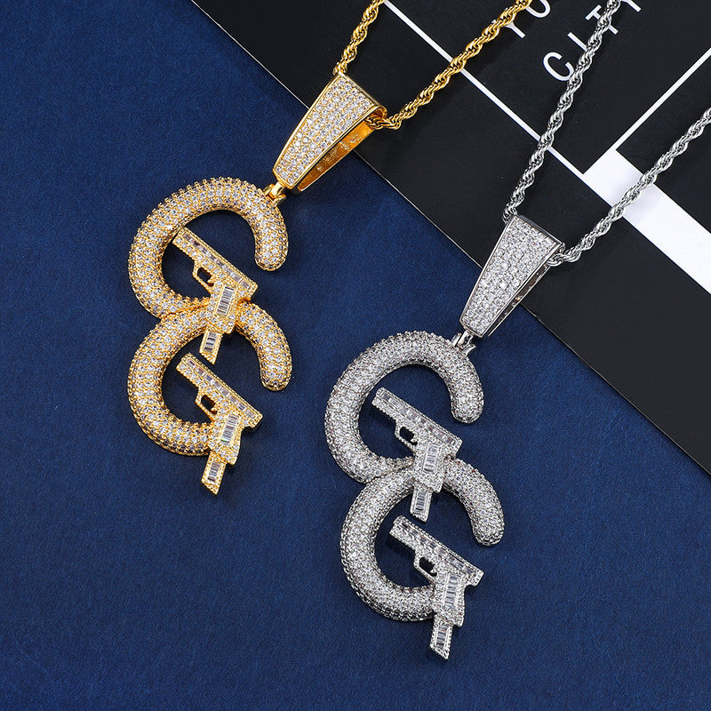 Princess Cut Double G Pistol AAA Micro Pave 18k Gold .925 Silver Hip Hop Pendant Chain Necklace