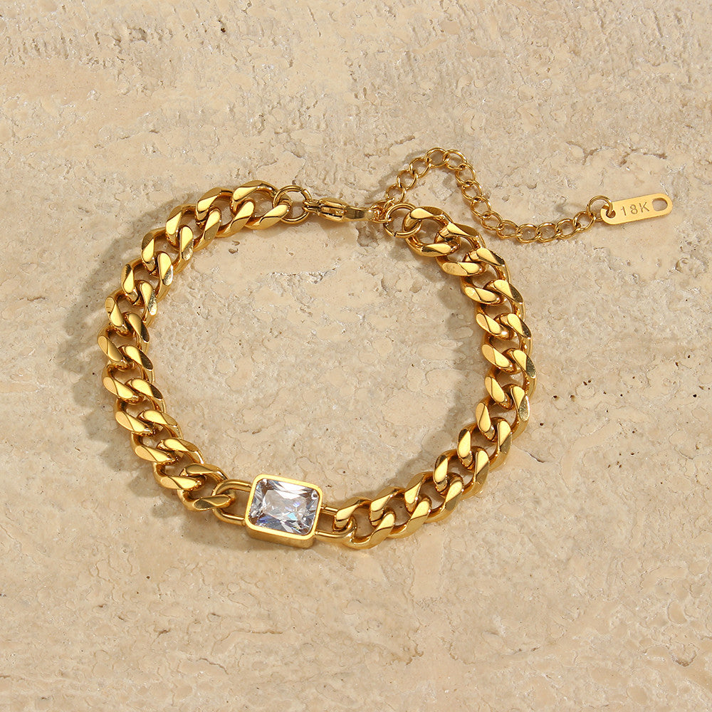 18k Gold Square Cubic Zirconia Black White Green Red Stone Hip Hop Cuban Chain Bracelet