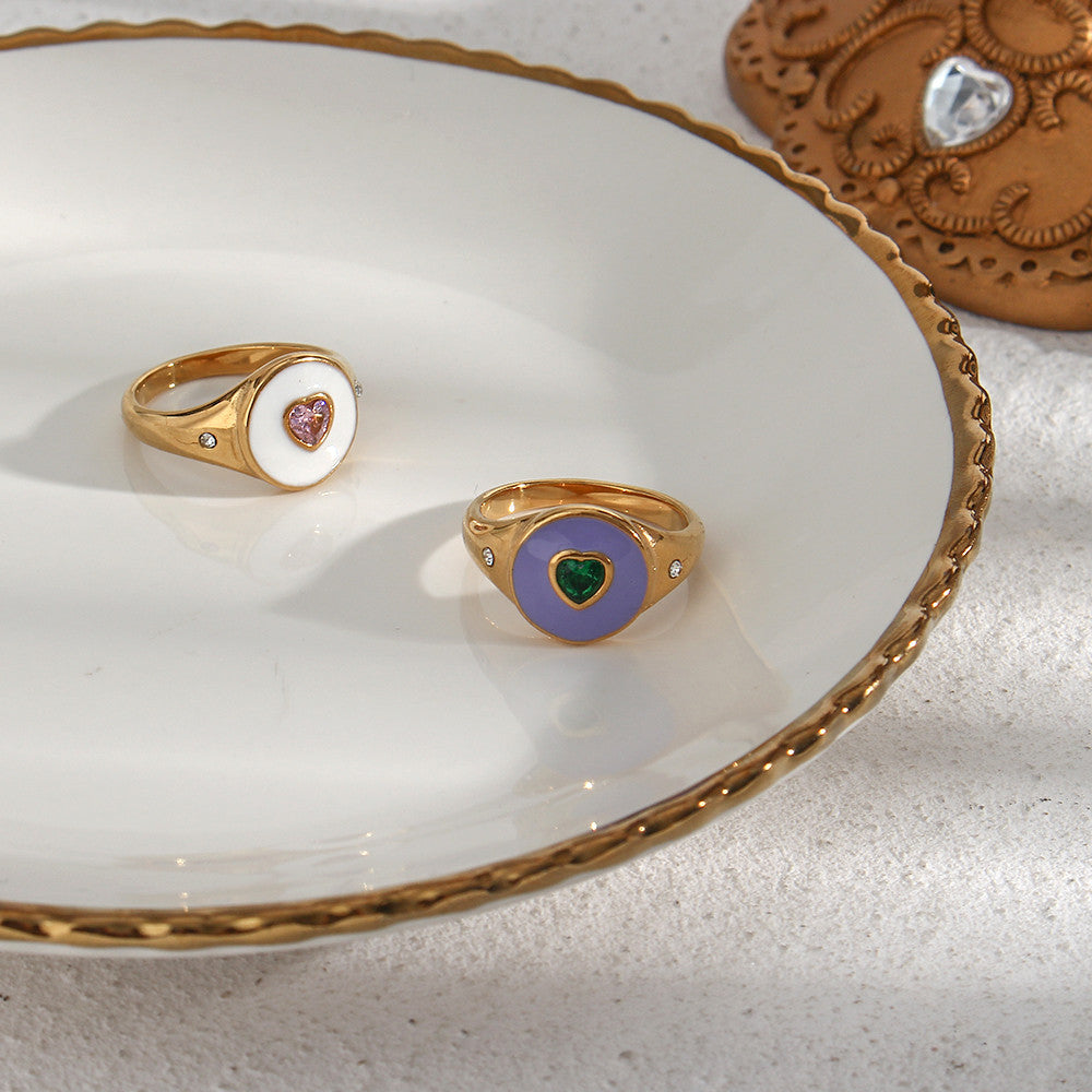 Black Purple Pink CZ Heart Stone 18k Gold Stainless Steel Waterproof Bling Rings