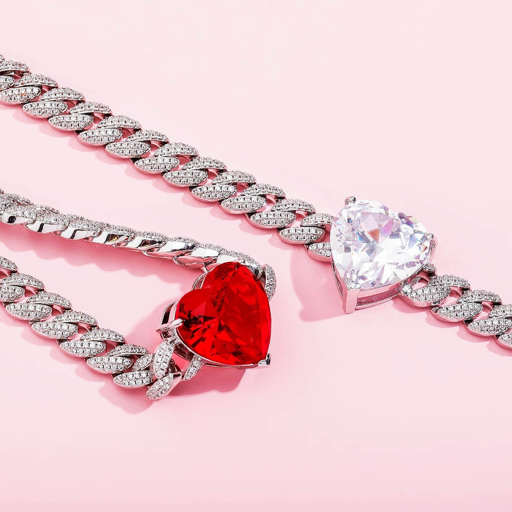 Ladies Iced Big Heart 9mm Cuban Link Choker Style Bling Chain Necklace