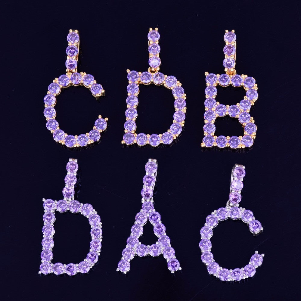 Iced Purple Candy Stone Flooded Ice Hip Hop Tennis Letters Pendant Chain Necklace