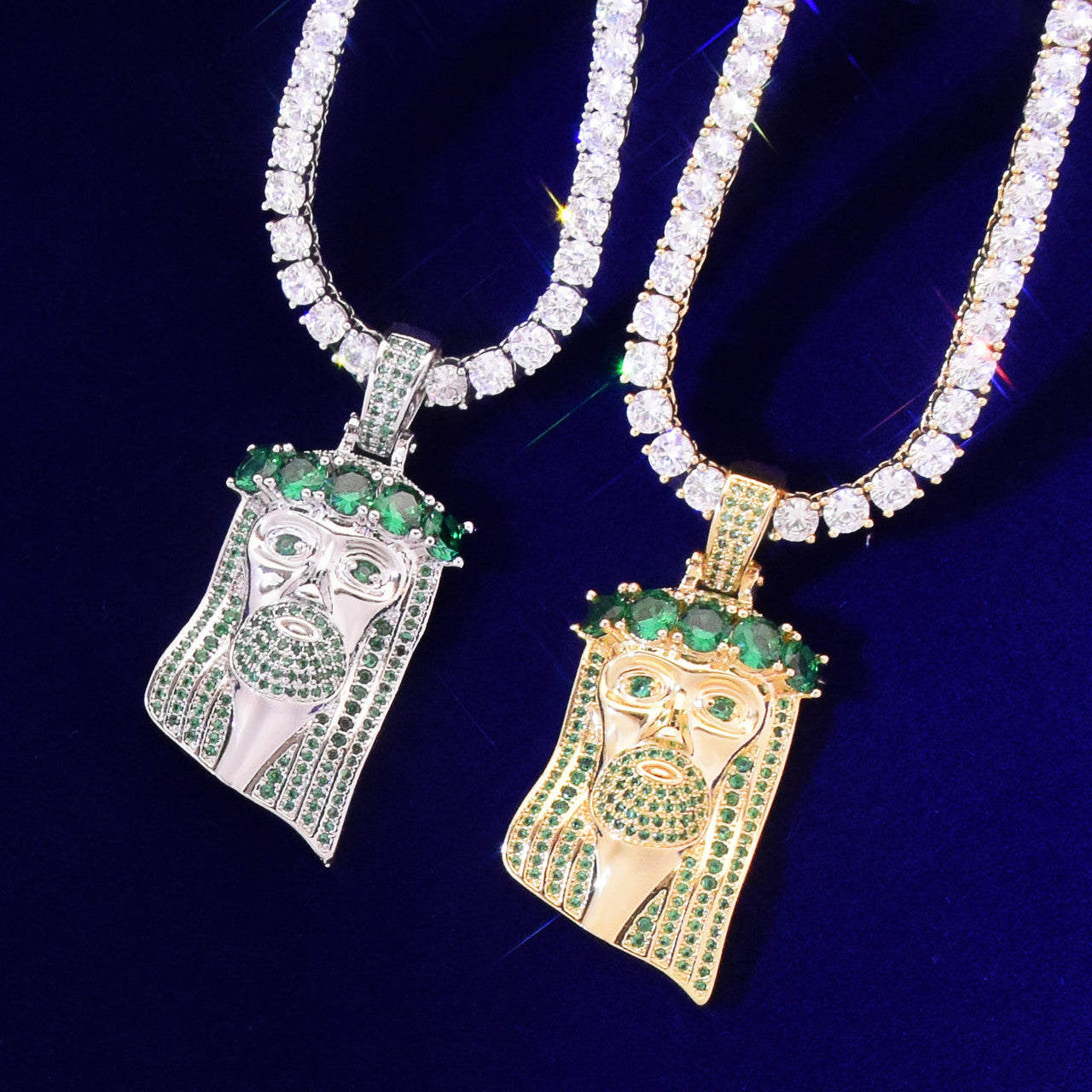 Green Hand Set Flooded Ice 18k Gold .925 Silver Jesus Piece Hip Hop Pendant Chain Necklace