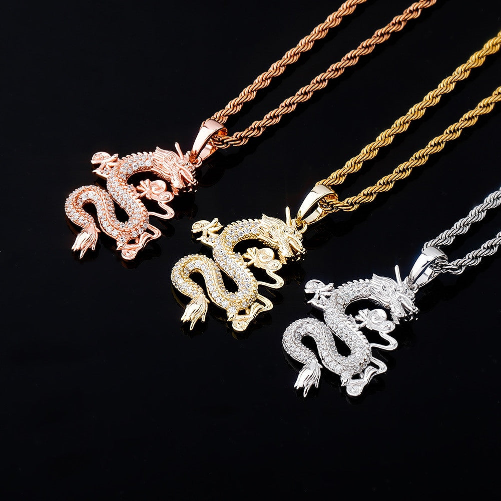 14k White Yellow Rose Gold Lucky Dragon Hip Hop Flooded Ice Pendant Chain Necklace