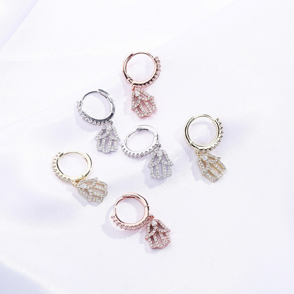 14k Rose Gold 925 Silver Hamsa Hand Street Wear Hip Hop Huggie Hoop Style Earrings