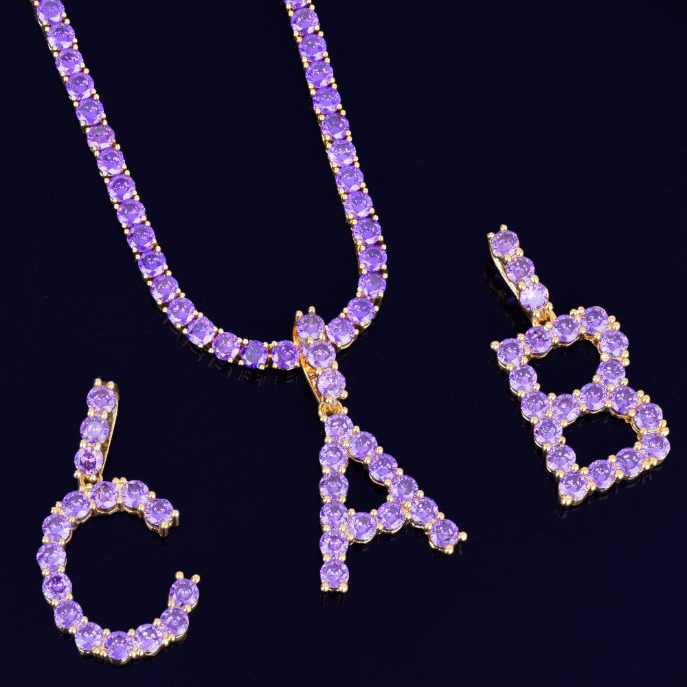 Hip Hop Purple Hazed Lab Diamond Tennis Letter Pendant Chain Necklace