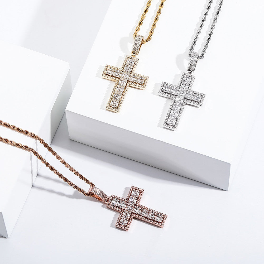 Flooded Ice True Micro Pave 14k 925 Rose Gold Bling Cross Pendant Chain Necklace