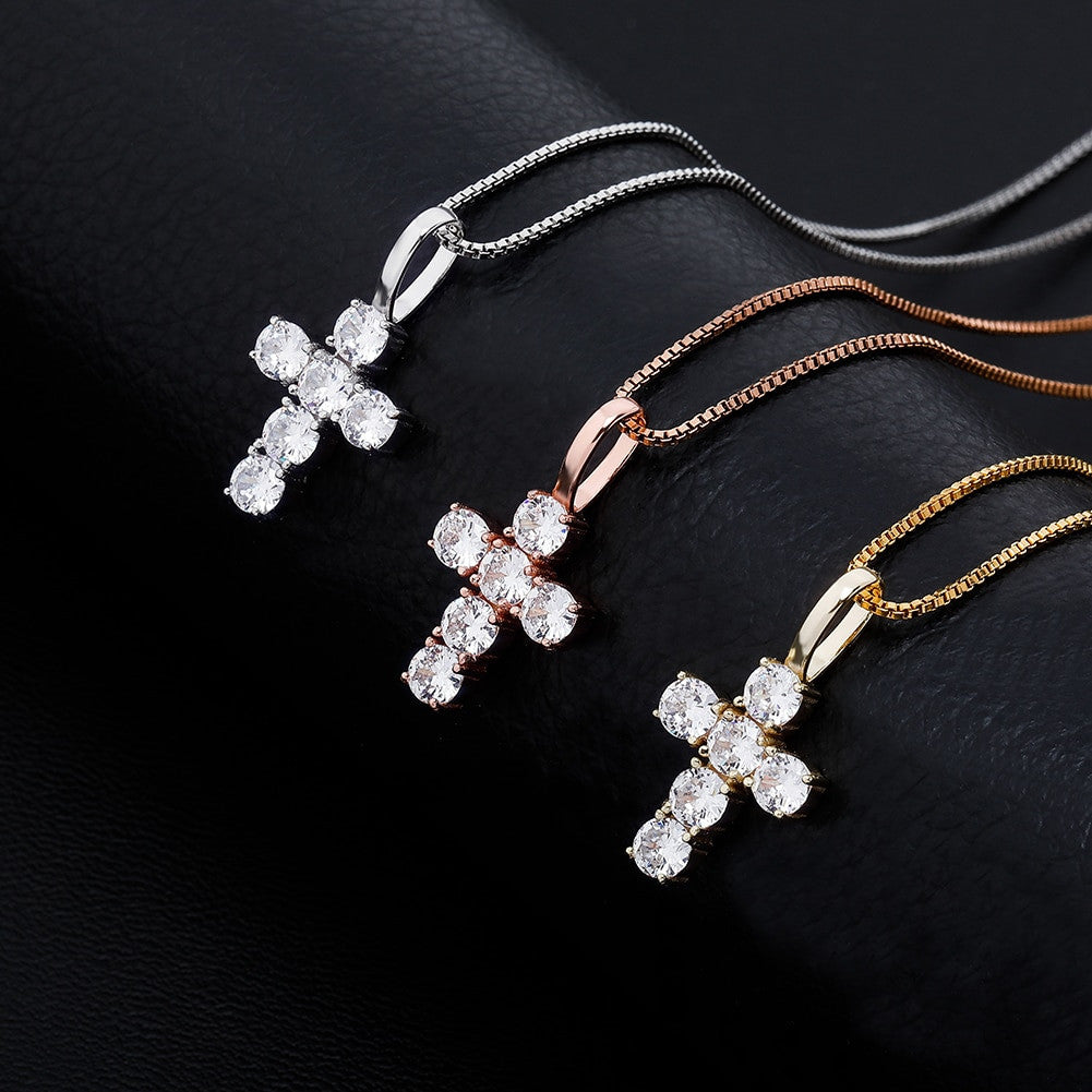 Ladies 14k Gold Rose Gold Solid .925 Sterling Silver AAA Cluster Stone Bling Cross Necklace