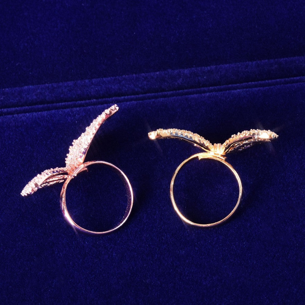 Ladies 18k Gold .925 Silver Rose Gold Baguette Stone Adjustable Butterfly Charm Ring