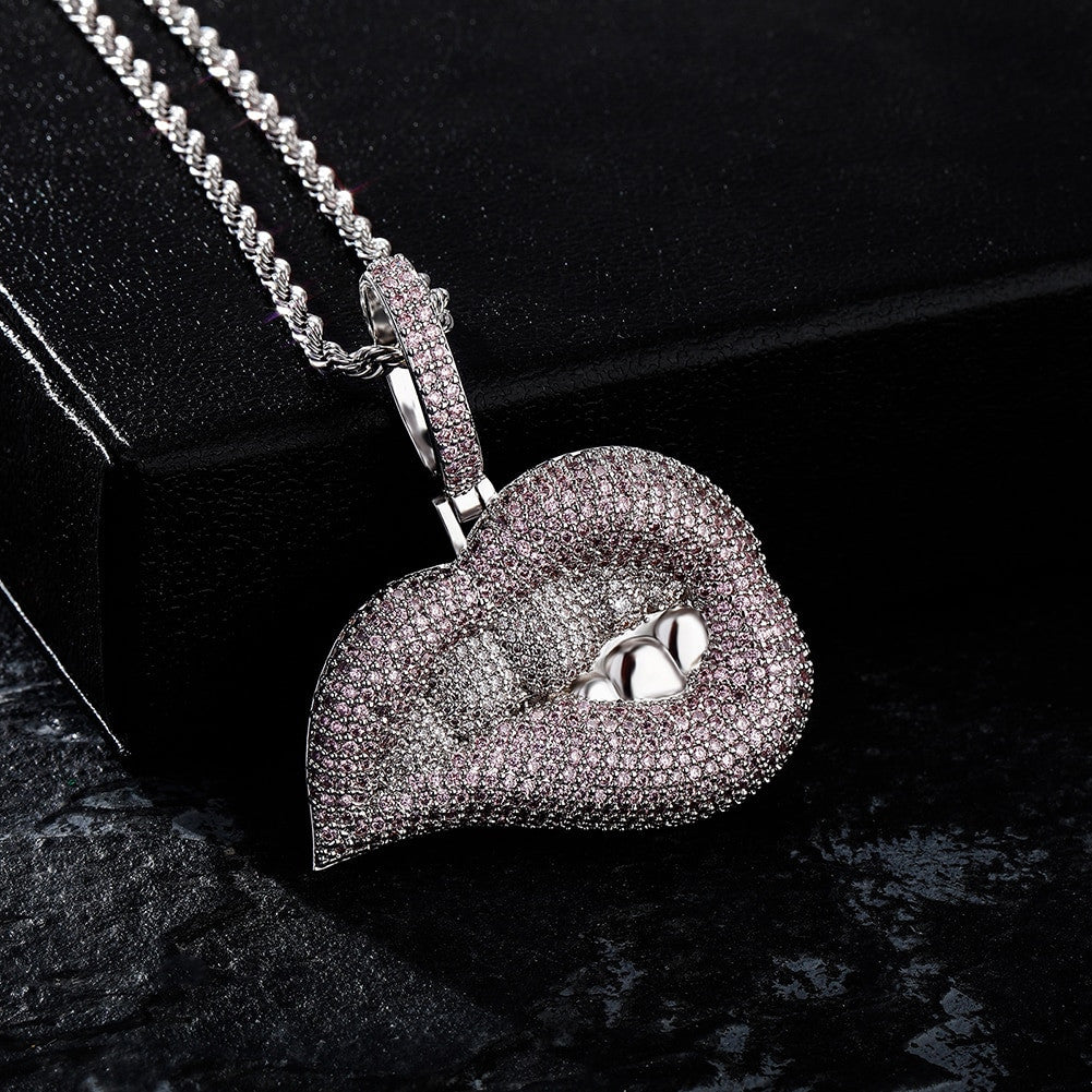 Hip Hop Sexy Ladies Drip Drop Bottom Lip Bite Bling Micro Pave Pendant Chain Necklace