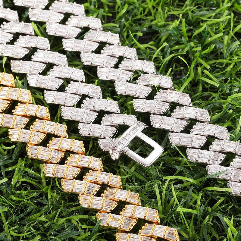 Bust Down 3 Row Baguette Ice Crazy Hip Hop 15MM 18 Inch Cuban Link Chain Necklace