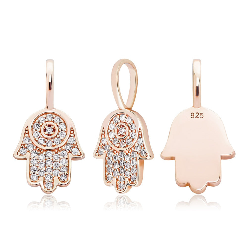 14k Rose Gold Over Sterling Silver Flooded Ice Hamsa Hand Bling Pendant Chain Necklace
