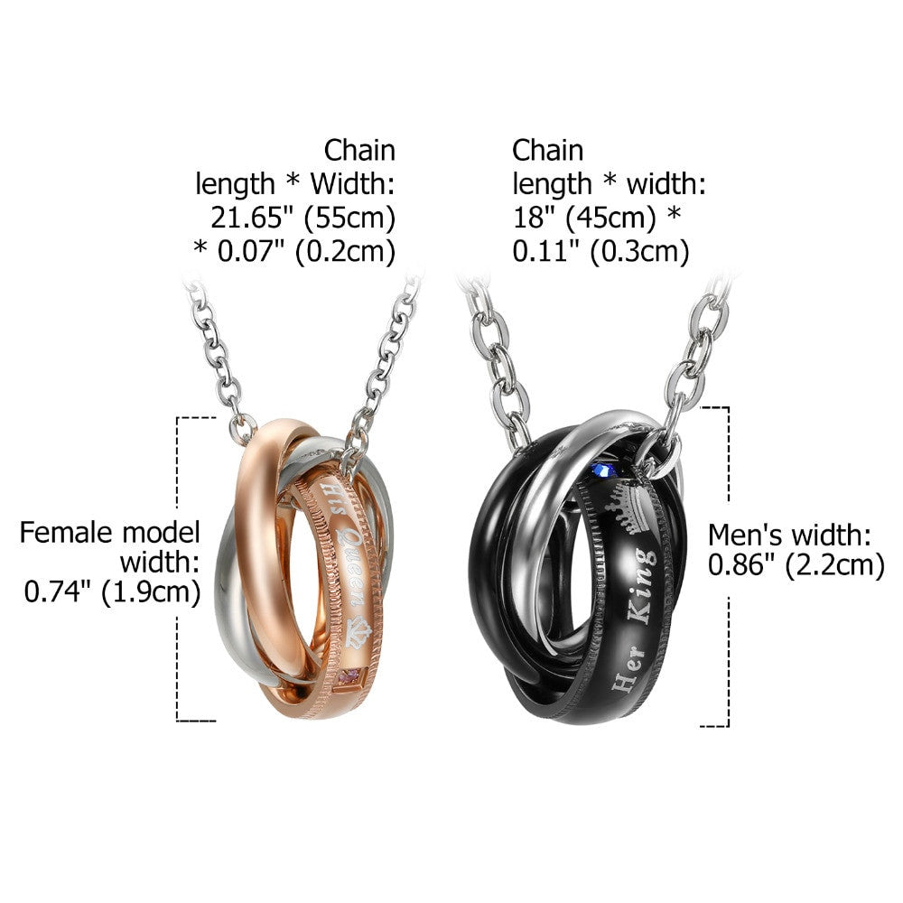 Couples Romantic Lovers Her King His Queen Triple Ring Bling Stainless Steel Chain Necklace