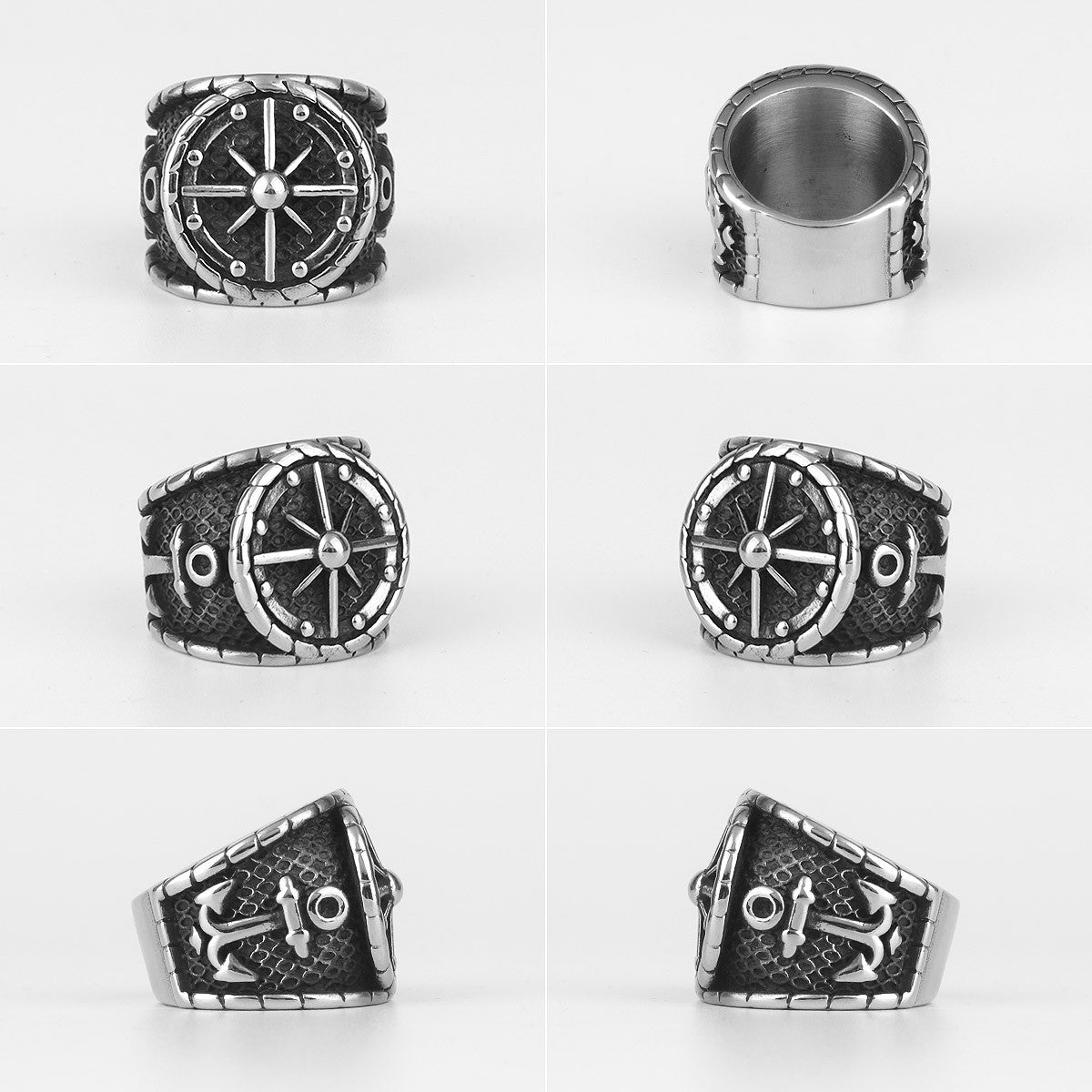 Mens 316L Stainless Steel Nautical Navigation Wheel Anchor Street Wear Rings