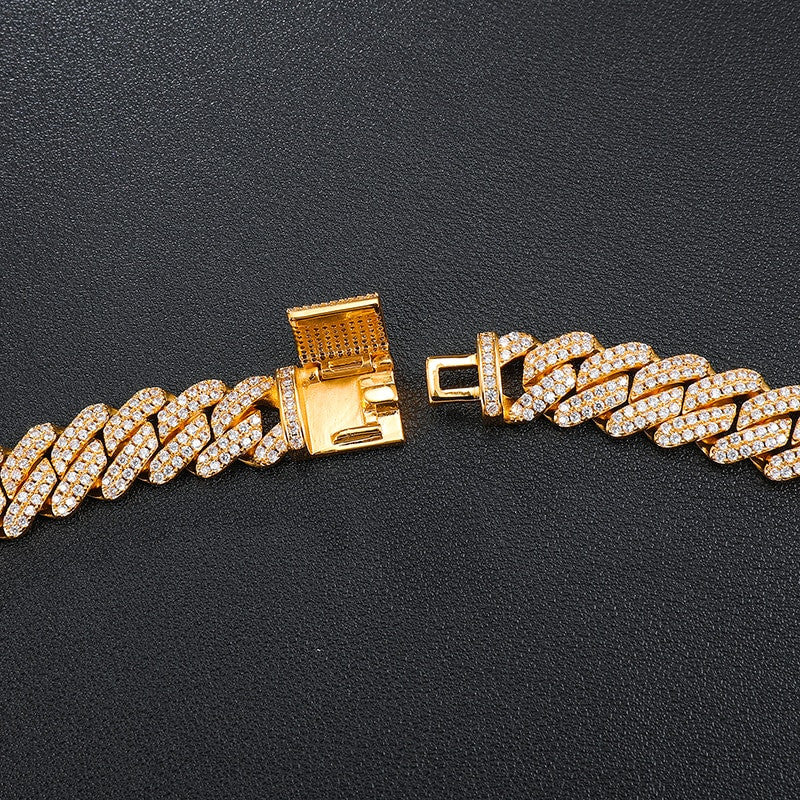 925 Silver 18k Gold Flooded Ice Close Cut Square Cuban Link Hip Hop Bracelet
