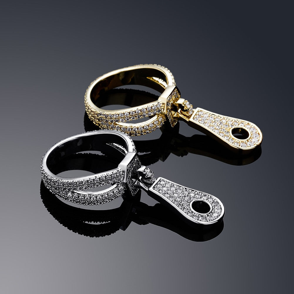 Flooded Ice 3A Simulate Diamond Street Wear Fashion Bling Zipper Rings