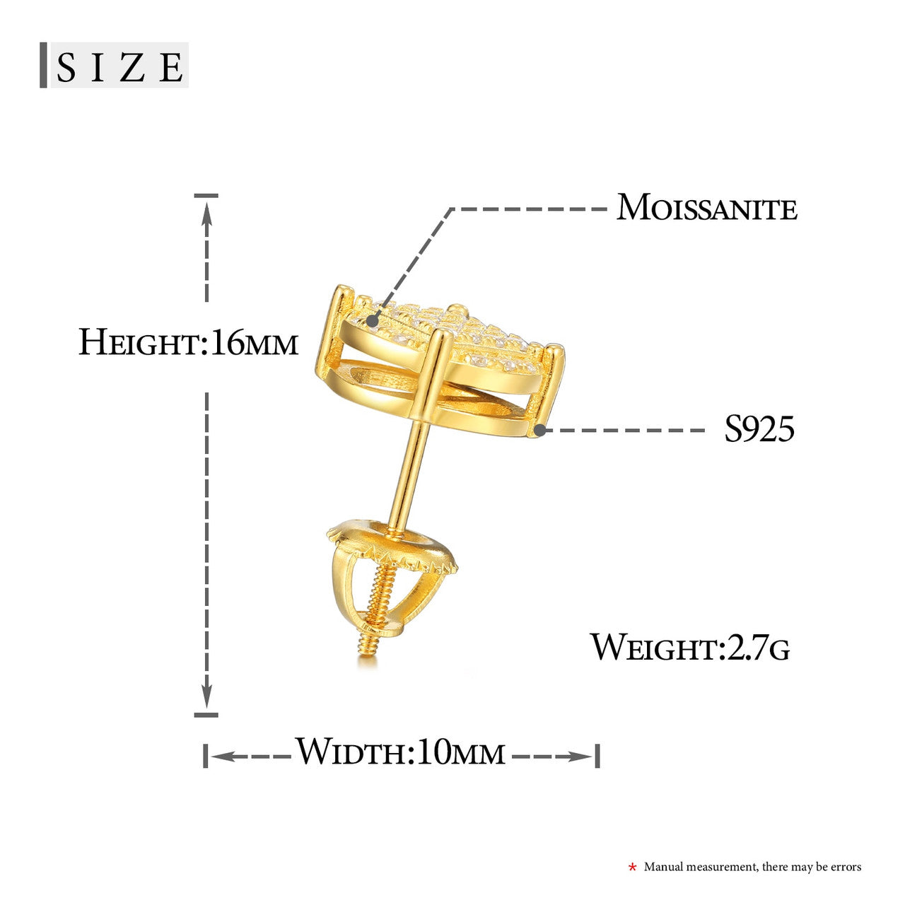 Mens Classic Total Ice 18k Gold over 925 Silver Genuine Lab Diamond Earrings