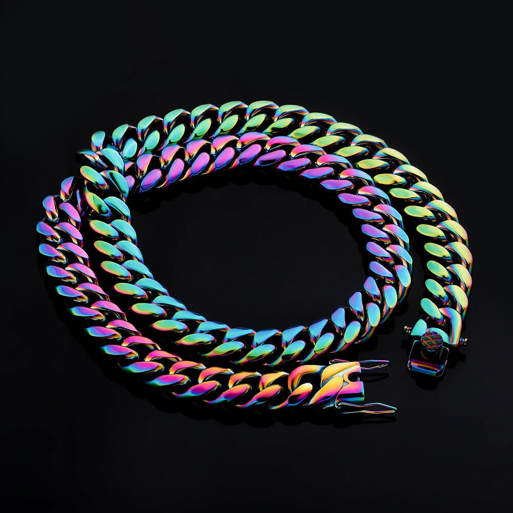 14mm Stainless Steel Fashion Rainbow Color Cuban Link Hip Hop Chain Necklace