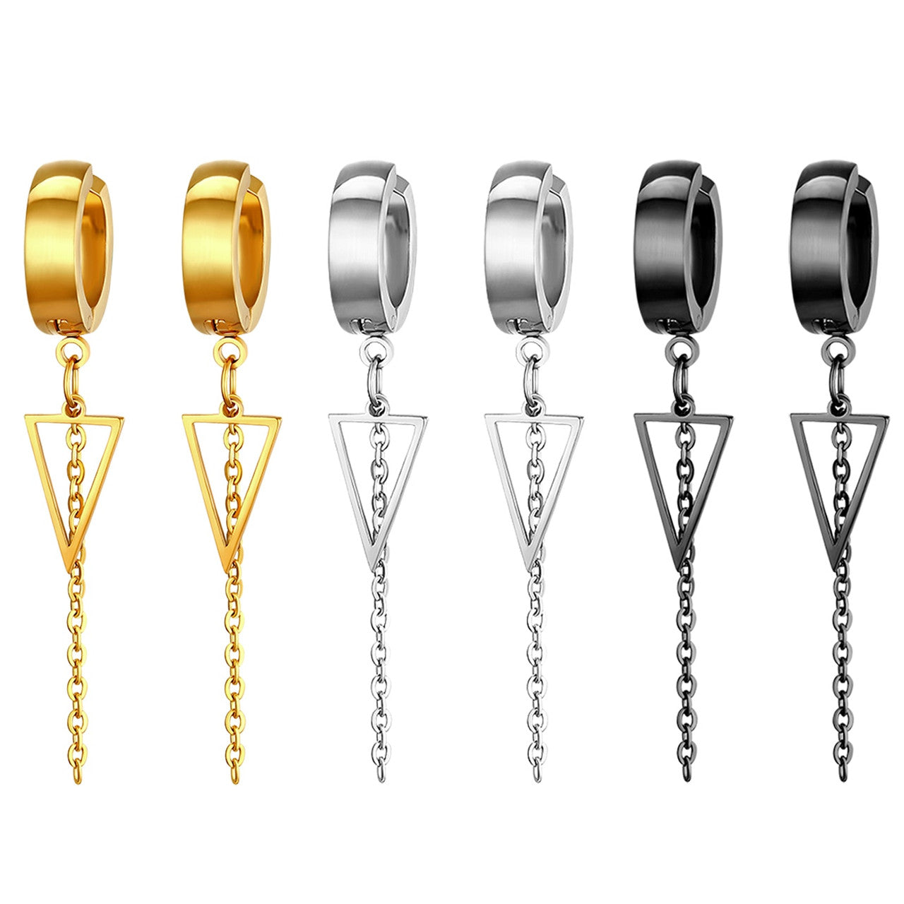 Triangle Chain Dangling Gold Silver Black over Solid Stainless Steel Earrings