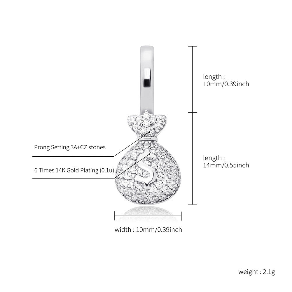 Ladies 14k Gold Rose Gold Solid .925 Sterling Silver AAA Stone Money Bag Hip Hop Pendant