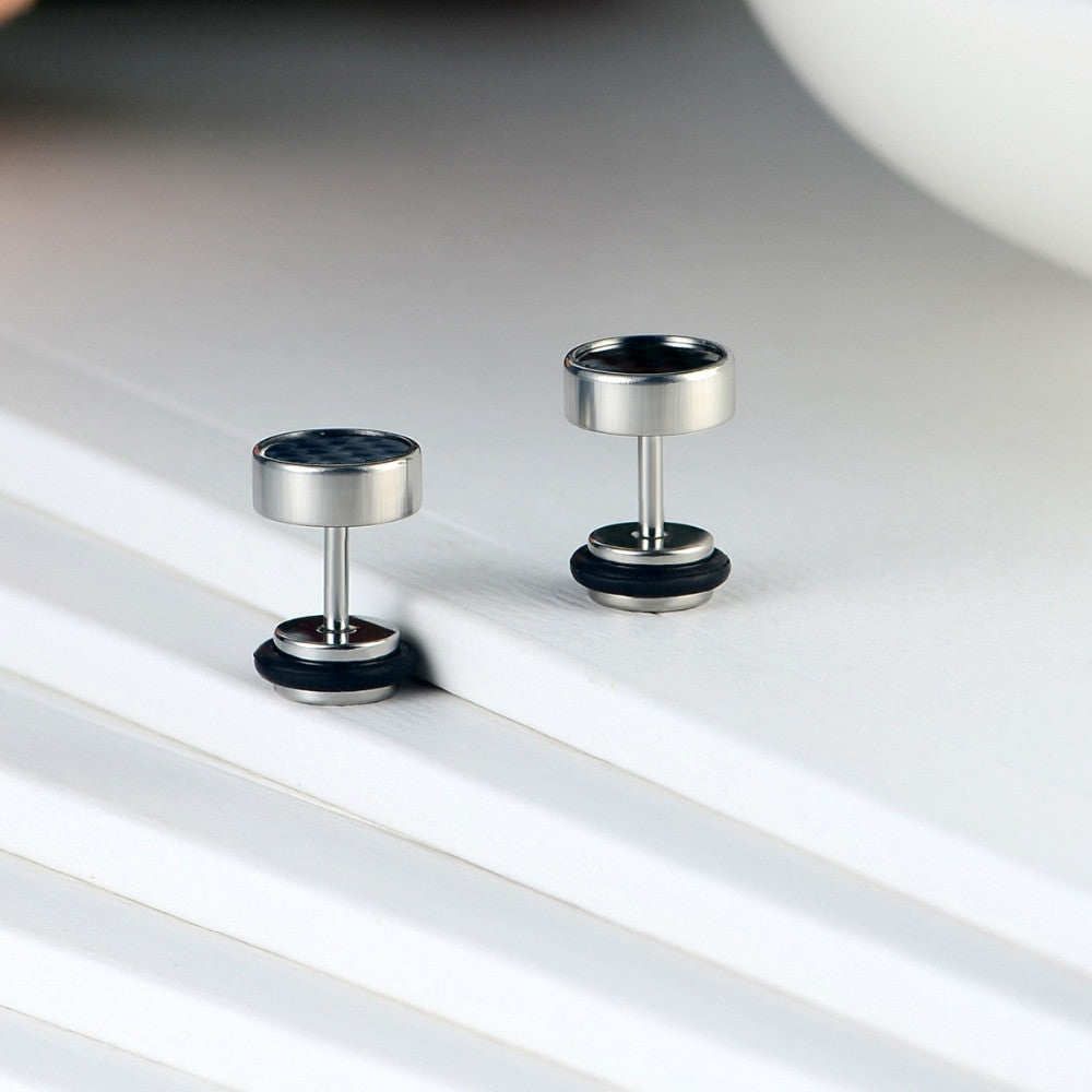 Stainless Steel Illusion Carbon Fiber Tunnel Plug Gold Silver Black Stud Screw Back Earrings