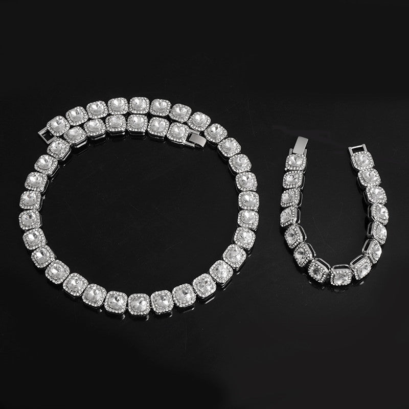 Hip Hop Big Boy 12mm Pave Prong Set AAA Center Stone Flooded Ice Chain Necklace Bracelet Set