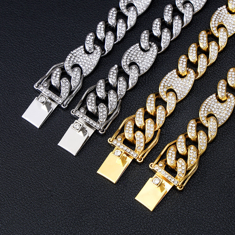 Fully Iced 12mm Flat Cuban Link Chain Necklace Bracelet 18k Gold .925 Silver Jewelry Set