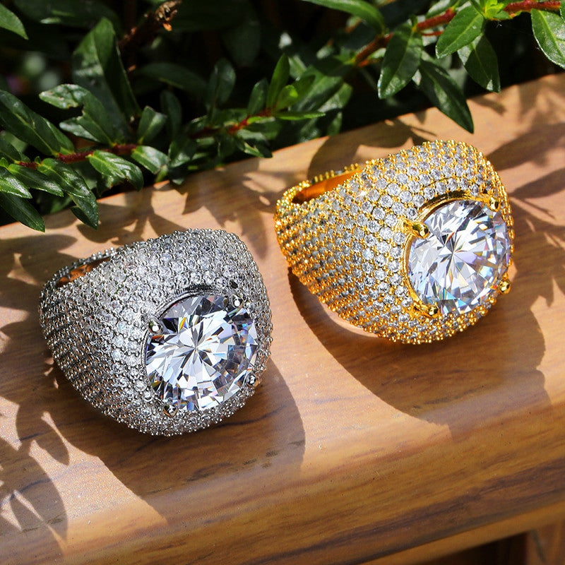 Mens Flooded Ice First Class 18k Gold .925 Silver Center Stone AAA Micro Pave Iced Rings