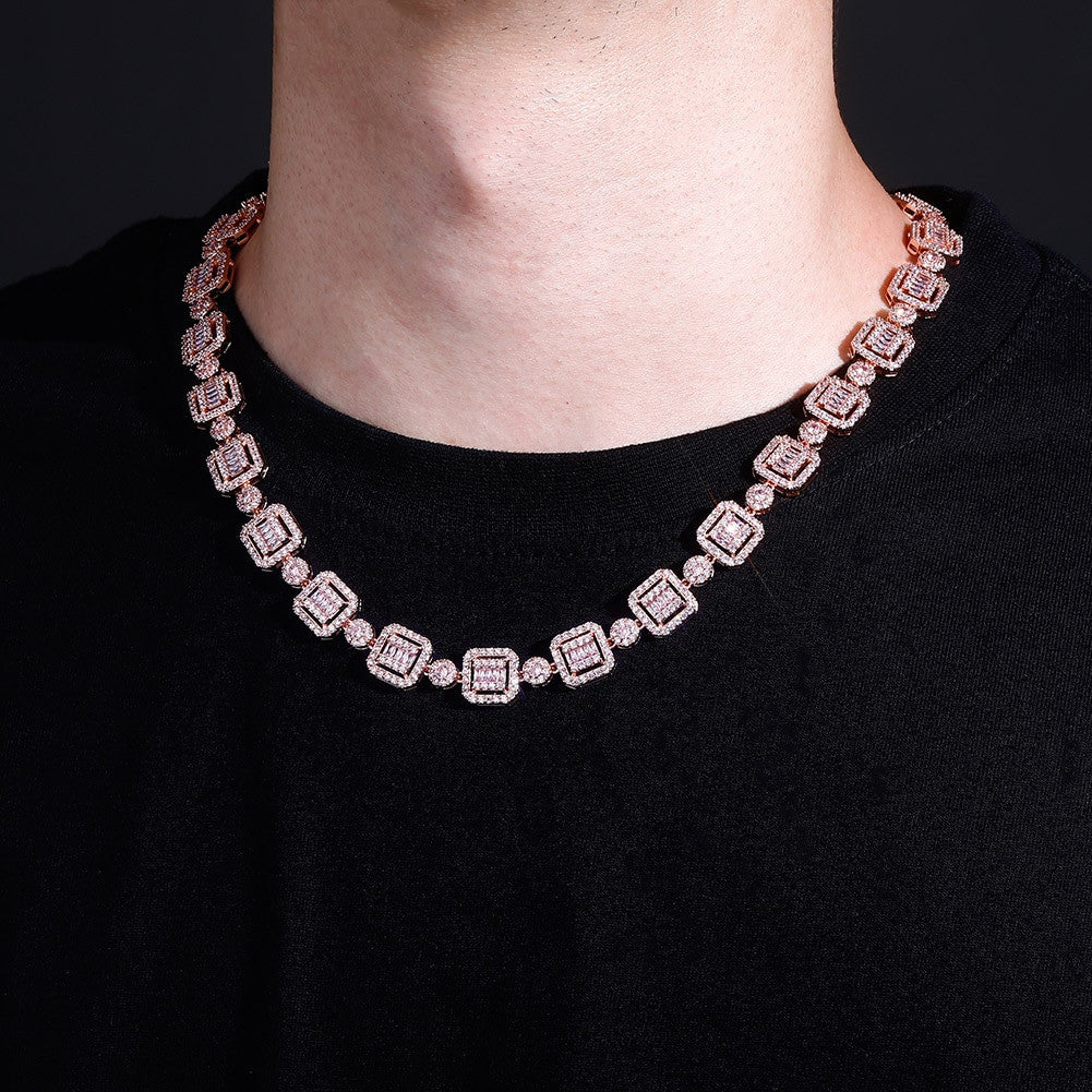 12mm Square Cut Center Stone Baguette High quality AAA Stone Hip Hop Chain Necklace