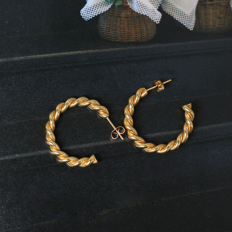 Classic Chic French Twisted 18k Gold Tarnish Free Stainless Steel Hoop Earrings